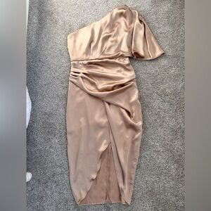DO+BE One-Shoulder Satin Midi Dress in Gold